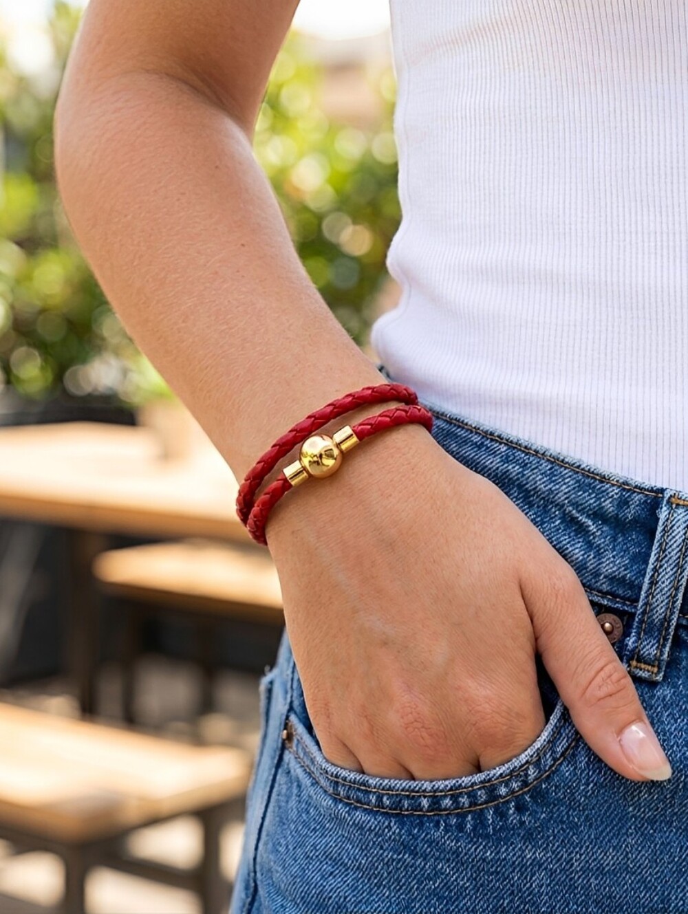 Linx Double Red Leather Braided Cord Bracelet with a Gold Magnetic Clasp